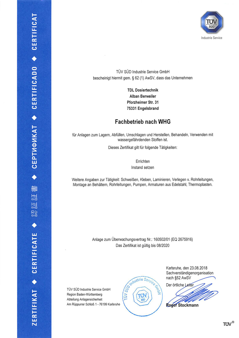 Certificat WHG 2018 de TDL-Dosiertechnik