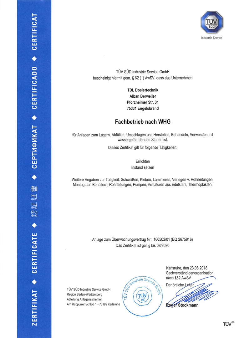Certificat WHG 2018 de TDL-Dosiertechnik