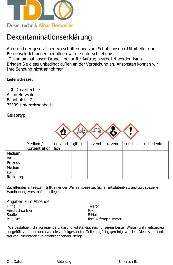 TDL-Dosiertechnik Dekontaminationserklaerung Cover